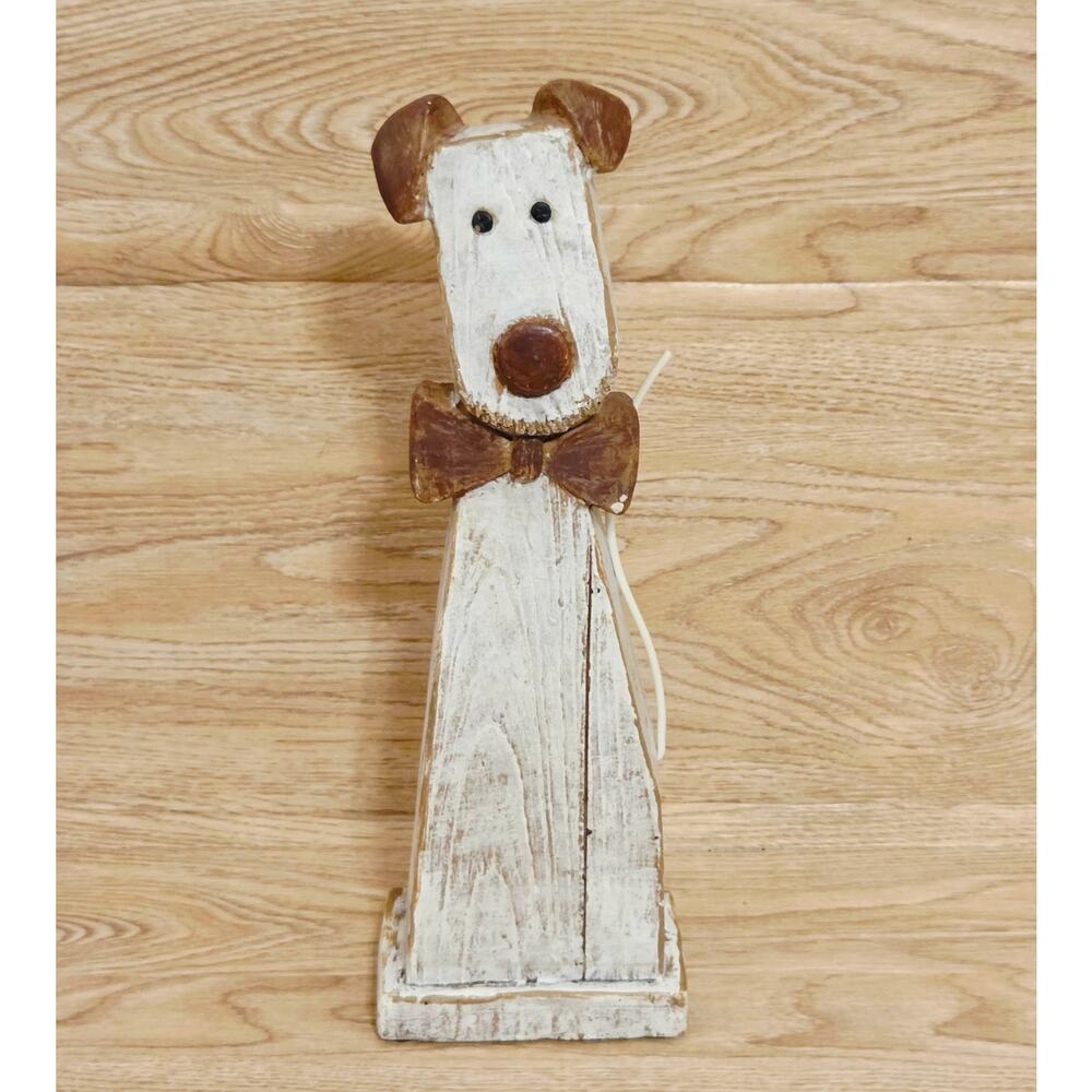 Wooden Dog Resin Statue Puppy Bowtie Garden Figure Art Animal Decor Spring Shop